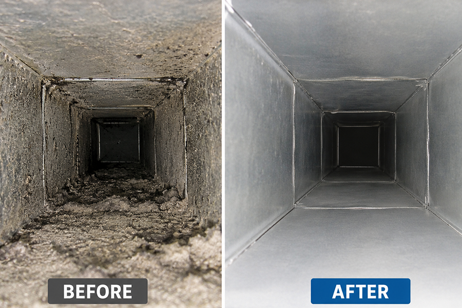 Before and after air duct cleaning showing dirty and cleaned HVAC ducts.
