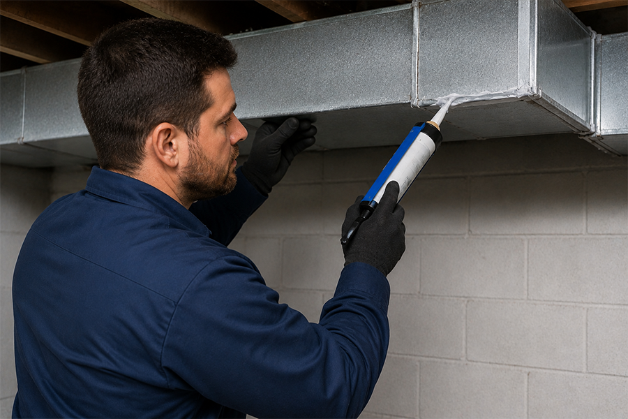 Duct sealing and leak repair technician sealing HVAC ductwork in dark blue uniform